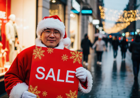 Santa claus holding large festive sale sign on busy city street with holiday shoppers and twinkling lights in the evening.の素材
