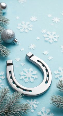 Silver horseshoe and festive decorations on blue background with snowflakes, symbolizing winter holiday luck and celebration.の素材