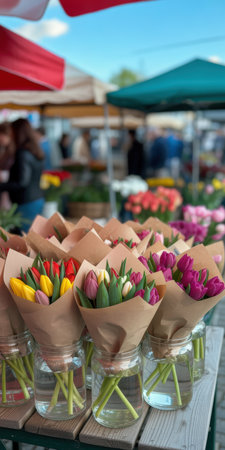 Freshly cut tulip bouquets arranged in glass jars on a wooden table at an outdoor floral market under colorful canopy tents.の素材