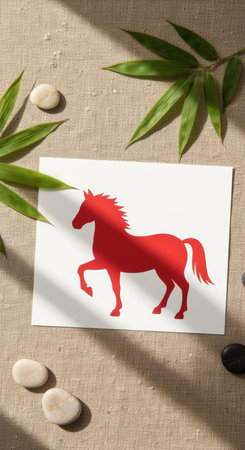 Minimalist red horse silhouette artwork on white card with stones and tropical leaves arranged on natural textured fabric surface.の素材
