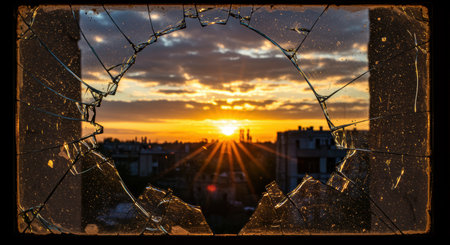 Sunset rays shining through a large hole in shattered glass window overlooking urban skyline with dramatic clouds and silhouettes.の素材