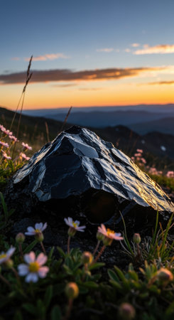 Glossy black obsidian rock surrounded by wildflowers on a mountain slope at sunset with scenic distant valley and glowing sky.の素材