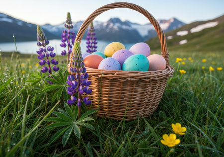 colorful easter eggs in a woven basket set on fresh alpine grass with blooming wildflowers and distant snow capped mountains.の素材