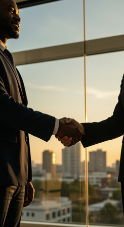 Business professionals shaking hands in a modern office with city skyline and sunset light through large glass windows.の素材