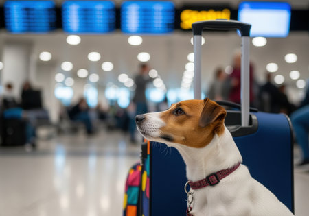 Alert jack russell terrier sitting beside luggage in a busy airport terminal, focused on activity and travel environment.の素材