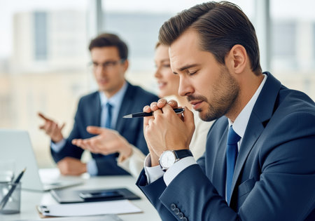 Worried businessman in formal suit contemplating decision during intense meeting with colleagues in modern office environment.の素材