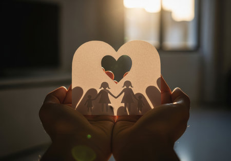 Hands holding paper cutout family with heart shape in sunlight, symbolizing love, protection, unity, and togetherness at home.の素材