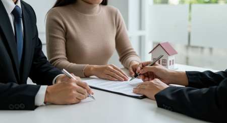 Professional business meeting with clients discussing and signing important real estate contract agreement at modern office desk.の素材