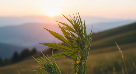 Mature cannabis plant with green leaves in focus on hillside field at sunrise, soft golden light over rolling landscape in summer.の素材