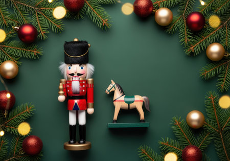 Festive nutcracker soldier and wooden toy horse surrounded by evergreen branches and colorful christmas ornaments on green background.の素材