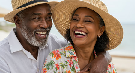 Joyful senior couple embracing outdoors in summer hats, laughing together on a bright beach day enjoying retirement happiness.の素材