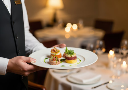 Waiter presenting gourmet appetizers on elegant plate at upscale restaurant table with candlelight and fine dining atmosphere.の素材