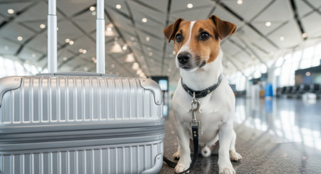 Small dog with collar and leash sitting beside a silver suitcase in a modern airport terminal with bright natural lighting.の素材