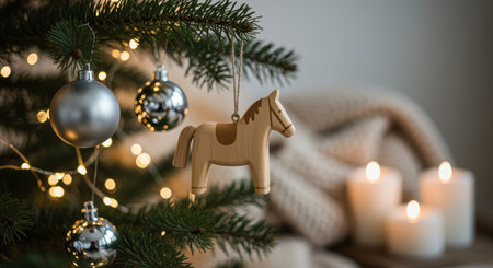 Wooden horse ornament hanging on christmas tree branch with silver baubles, festive lights, and glowing candles in cozy interior.の素材