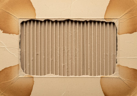 Rectangular torn paper revealing corrugated cardboard texture with aged brown edges and cracks.の素材