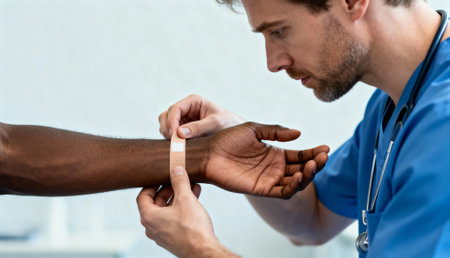 Healthcare professional applying medical bandage to patient's wrist during treatment in modern clinical setting.の素材