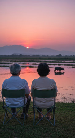 Elderly couple sitting together by a peaceful lakeside at sunset, enjoying serene countryside views with distant grazing animal.の素材