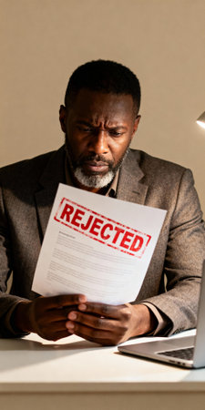 Worried man in formal suit reading rejection notice under desk lamp in office setting, analyzing document with serious expression.の素材