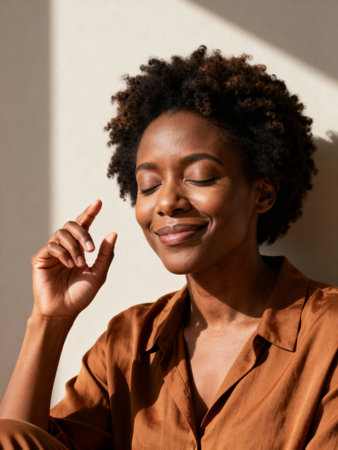 Peaceful young woman enjoying sunlight indoors, relaxed expression with closed eyes, calm atmosphere, cozy brown shirt.の素材