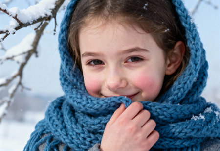 Smiling young girl wrapped in thick blue wool scarf and hood standing outdoors in snowy winter forest with rosy cheeks.の素材