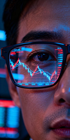 Close up of analyst's face with financial trading chart reflected in glasses, focusing on digital market trends and investment analysis.の素材