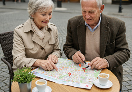 Senior couple planning city sightseeing route outdoors with map and coffee at cozy cafe table, exploring urban travel adventure.の素材