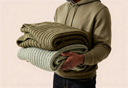 Man in olive hoodie holding two folded knitted blankets in neutral tones against a plain background, cozy home comfort concept.の素材