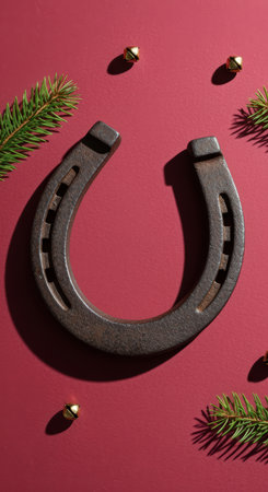 Rustic horseshoe with evergreen branches and festive golden bells on red background symbolizing luck and holiday celebration.の素材