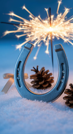 Horseshoe with sparkler and pine cones resting on snow for festive winter celebration and good luck wishes.の素材