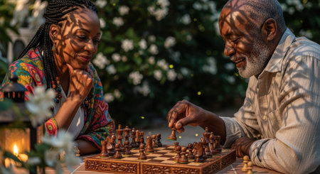 Elderly couple enjoying a thoughtful game of chess outdoors in the evening surrounded by greenery and soft glowing lantern light.の素材