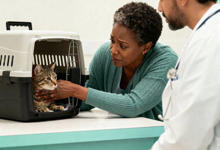 Concerned woman comforting her tabby cat at veterinary clinic during checkup with veterinarian in examination room.の素材
