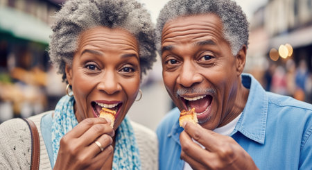 Smiling senior couple enjoying a snack together outdoors on a lively street, expressing happiness and togetherness.の素材