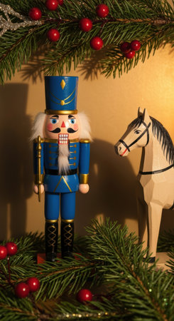 Traditional wooden blue nutcracker and carved horse surrounded by festive evergreen branches and red berries under warm lighting.の素材
