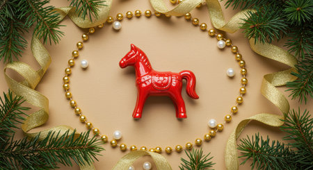 Red decorative horse figurine surrounded by gold beads, pearls, and pine branches with festive ribbon on a beige background.の素材