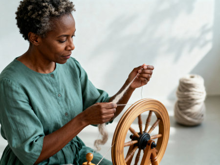 Elderly woman in green dress spinning natural wool yarn by hand on a wooden spinning wheel in a bright indoor setting.の素材