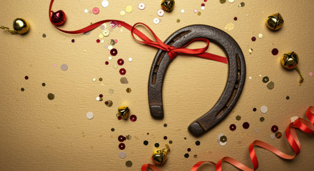 Horseshoe decorated with red ribbon surrounded by scattered golden bells and confetti on a festive gold background.の素材