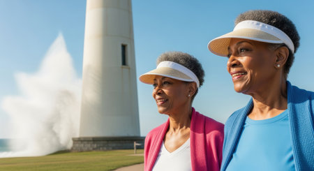 Smiling senior women enjoying a sunny coastal walk near a lighthouse with crashing waves and clear blue sky.の素材
