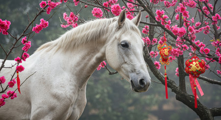 Elegant white horse standing beside blossoming pink cherry tree branches with festive red lanterns during spring.の素材