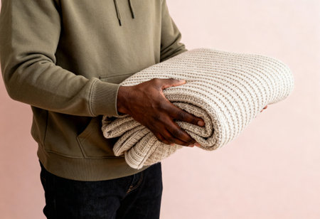 Man holding folded knitted beige blanket in front of neutral background, wearing green sweater and dark denim jeans.の素材