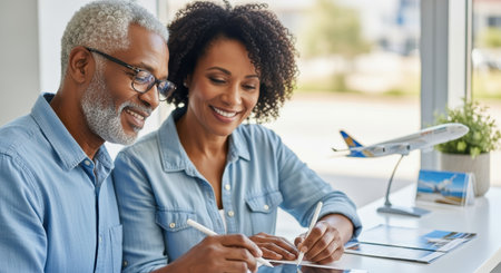 Happy mature couple planning a vacation together at a travel agency, smiling while browsing destination options with tablet and documents.の素材