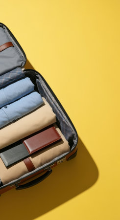 Open suitcase neatly packed with folded shirts, pants, and wallets on bright yellow background for modern travel organization.の素材