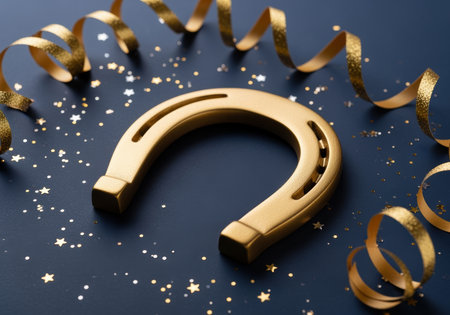 Golden horseshoe surrounded by glittering star confetti and shimmering ribbon curls on dark festive background.の素材