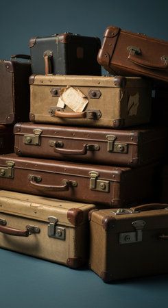 Stack of vintage suitcases in muted tones arranged against a blue background, showcasing retro travel accessories and classic luggage styles.の素材