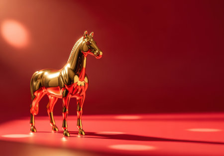 Shiny golden horse figurine standing on red surface bathed in dramatic sunlight with soft reflections and elegant minimalist design.の素材