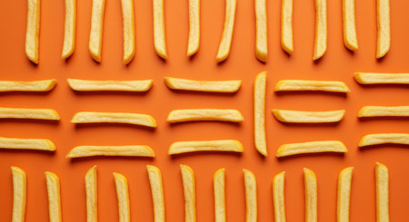Golden french fries arranged in geometric rows on vibrant orange background for modern fast food and snack concept.の素材