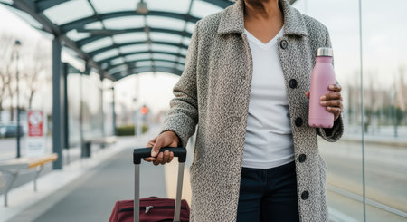 Woman in winter coat with suitcase and reusable bottle waiting at urban outdoor transportation platform.の素材
