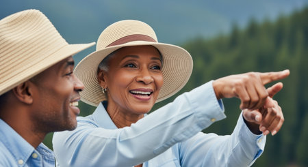 Happy senior couple in sun hats enjoying outdoor adventure, smiling and sightseeing together in a lush green forested landscape.の素材