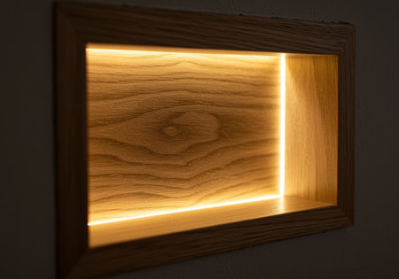 Modern wooden wall niche illuminated with soft warm led lighting for stylish interior accent and decorative shelving display.の素材