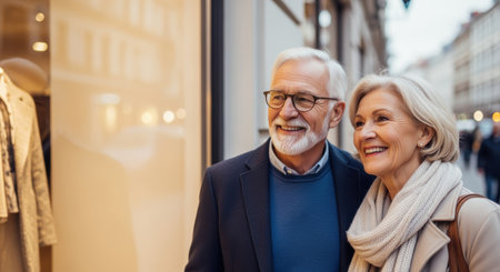 Smiling senior couple enjoying a day of shopping together outdoors, casually dressed and looking at clothing displays in the city.の素材