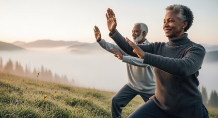 Senior couple practicing tai chi outdoors at sunrise on a mountain meadow, focused on wellness, balance, and healthy aging.の素材